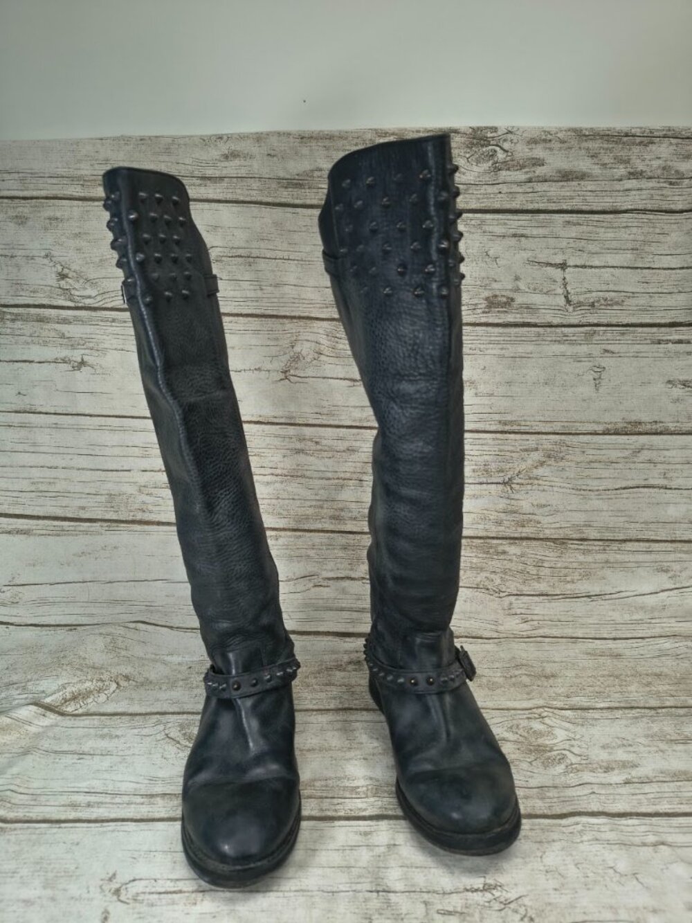 ASH Black Leather Studded Knee High Riding Boots Size 38